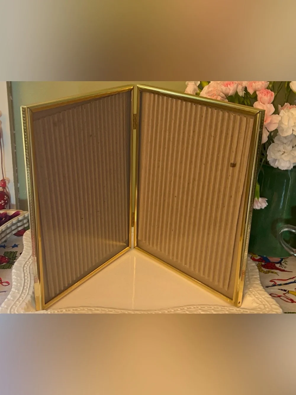 Vintage Gold Tone Metal Hinged Double picture Frame